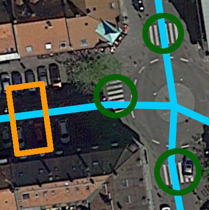 Aerial imagery of a roundabout with multiple zebra crossings as well as computer vision detections.