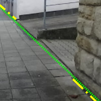 An inner guidance shoreline (a building's facade) detected by a computer vision algorithm. The gap between two facades is connected by a virtual shoreline to aide in traversing the gap.