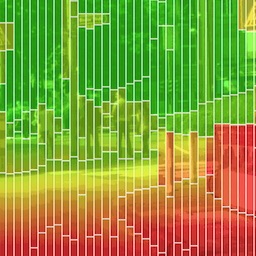 A stixel representation (colored vertical bars) depicting depth information for a typical urban area roadscene.